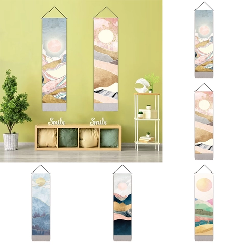 Nordic Abstrakt Landschaft Wandteppich Polyester Baumwolle Scroll Mit Holzstab Und Quasten Für Home Decor Moderne Kunst