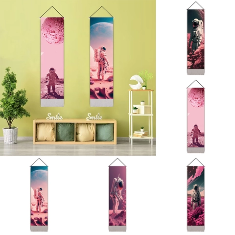 Astronaut Sci-fi Art Wall Hanging Tapestry Polyester Cotton Long Vertical Pink Starry Sky Dreamy Home Decor Mural