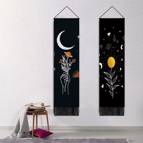 Celestial Tapestry Wall Hanging Polyester Wood Pole Tassel Bohemian Sun Moon Star Mystic Home Decor Art Bedroom