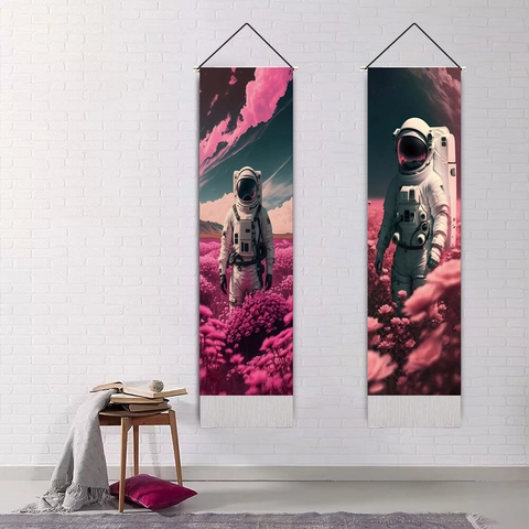 Astronaut Sci-fi Art Wall Hanging Tapestry Polyester Cotton Long Vertical Pink Starry Sky Dreamy Home Decor Mural
