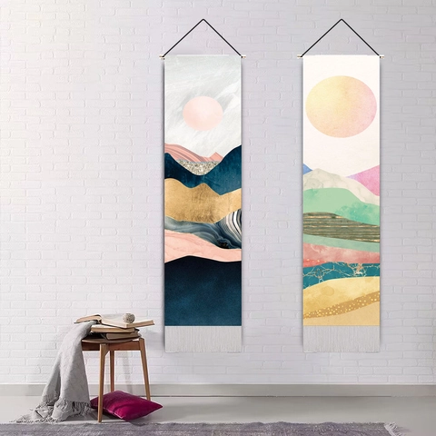 Nordic Abstrakt Landschaft Wandteppich Polyester Baumwolle Scroll Mit Holzstab Und Quasten Für Home Decor Moderne Kunst