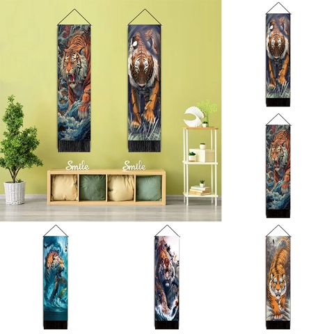 Tapisserie Art Tigre Décoration Murale Verticale En Polyester Coton Avec Tige En Bois Gland Illustration Animale Nordique