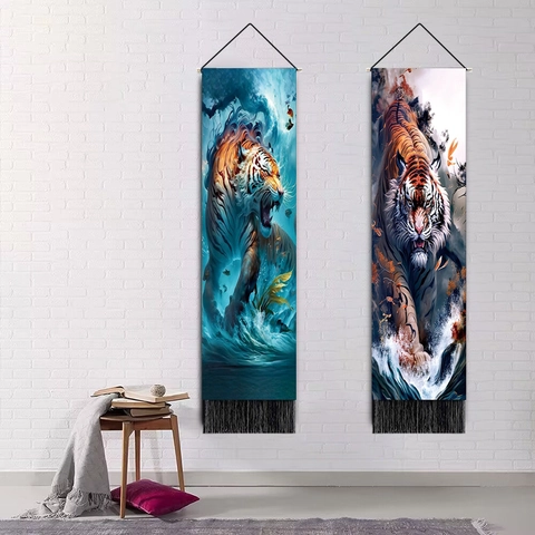 Tapisserie Art Tigre Décoration Murale Verticale En Polyester Coton Avec Tige En Bois Gland Illustration Animale Nordique