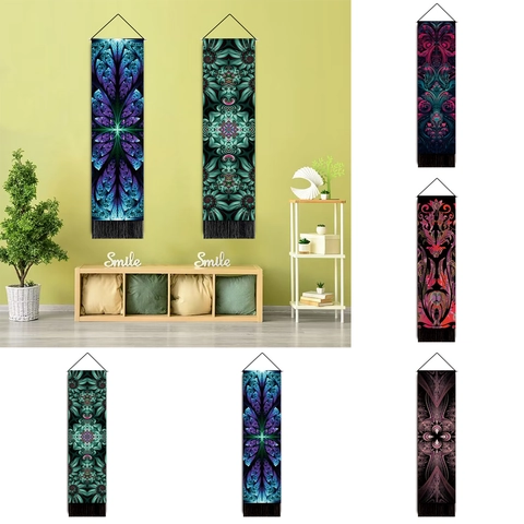 Verticale Wandtapijt Boheems Fractaal Patroon Polyester Katoen Met Houten Roede En Kwastjes Voor Woonkamer Decor