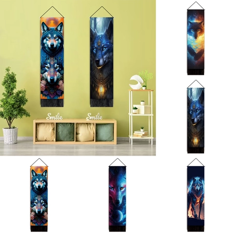 Mystische Wolf Wandteppich Lange Vertikale Polyester Baumwolle Scroll Mit Quasten Phantasie Kunst Haus Deko
