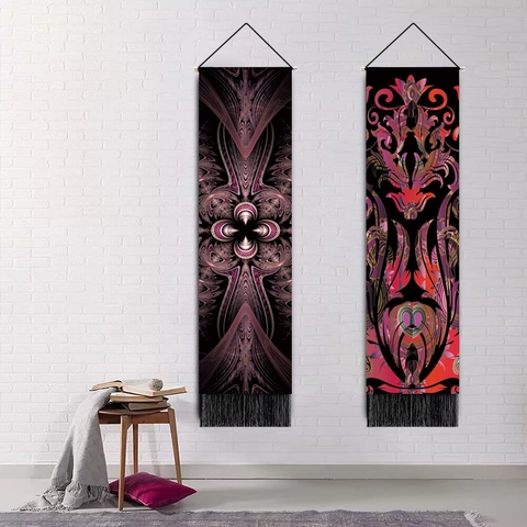 Verticale Wandtapijt Boheems Fractaal Patroon Polyester Katoen Met Houten Roede En Kwastjes Voor Woonkamer Decor