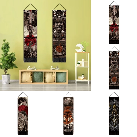Japanese Samurai Geisha Hanging Scroll Tapestry Cotton Polyester Vintage Ukiyo-e Wall Art Tassels Wood Rod Home Decor
