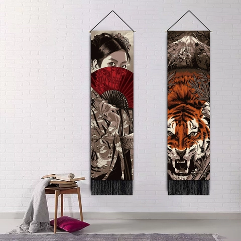 Japanese Samurai Geisha Hanging Scroll Tapestry Cotton Polyester Vintage Ukiyo-e Wall Art Tassels Wood Rod Home Decor