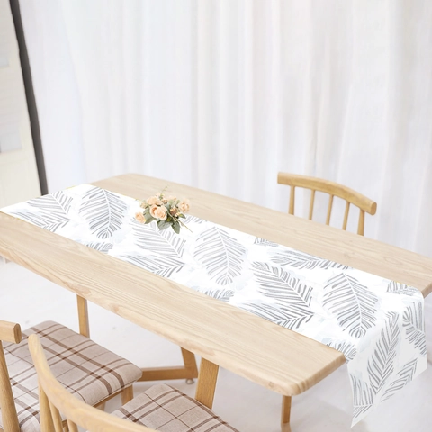 Table Runner Cotton Linen Blend Blue Tropical Palm Leaf Print Modern Minimalist Kitchen Dining Room Decoration