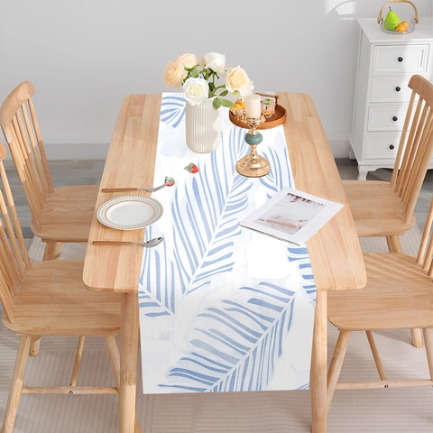 Table Runner Cotton Linen Blend Blue Tropical Palm Leaf Print Modern Minimalist Kitchen Dining Room Decoration
