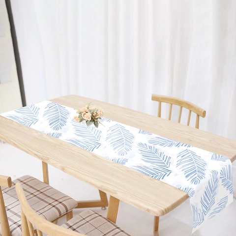 Table Runner Cotton Linen Blend Blue Tropical Palm Leaf Print Modern Minimalist Kitchen Dining Room Decoration