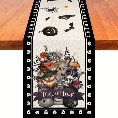 Halloween Tafelloper Polyester Katoen Linnen Tafelkleed Pompoen Schedel Vleermuis Print Trick Or Treat Decor