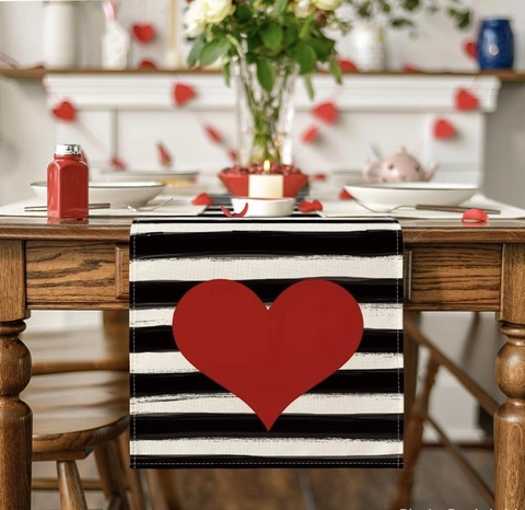 Valentine Day Table Runner Linen Cotton Heart Black White Stripe Festive Kitchen Dining Decor Romantic Machine Washable