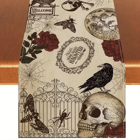 Halloween Tafelloper Polyester Katoen Linnen Tafelkleed Pompoen Schedel Vleermuis Print Trick Or Treat Decor