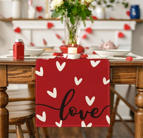 Valentine Heart Love Linen Polyester Table Runner For Romantic Dining Table Kitchen Party Wedding Decor Home Tablecloth