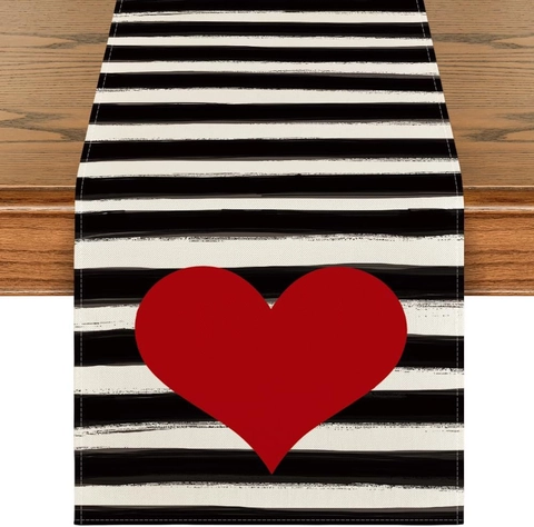 Valentine Day Table Runner Linen Cotton Heart Black White Stripe Festive Kitchen Dining Decor Romantic Machine Washable
