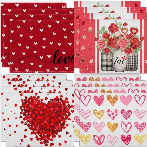 Valentine's Day Placemats Set Linen Cotton Heat Resistant Heart Gnome Truck Flower Pattern Dining Table Decoration Love Decor