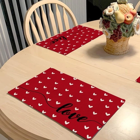 Valentine's Day Placemats Set Linen Cotton Heat Resistant Heart Gnome Truck Flower Pattern Dining Table Decoration Love Decor
