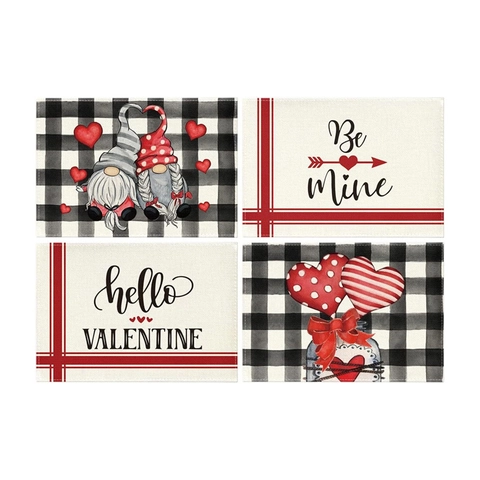 Sets de Table en Lin de Saint Valentin Carreaux Buffalo Nain de Jardin Cœur Motif Amour Résistant à la Chaleur Lavable Déco Maison