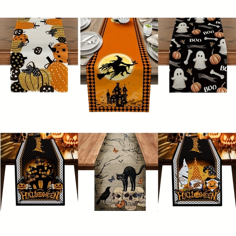 Halloween Table Runner Cotton Linen Polyester Pumpkin Witch Ghost Castle Print Vintage American Style Kitchen Dining Decoration