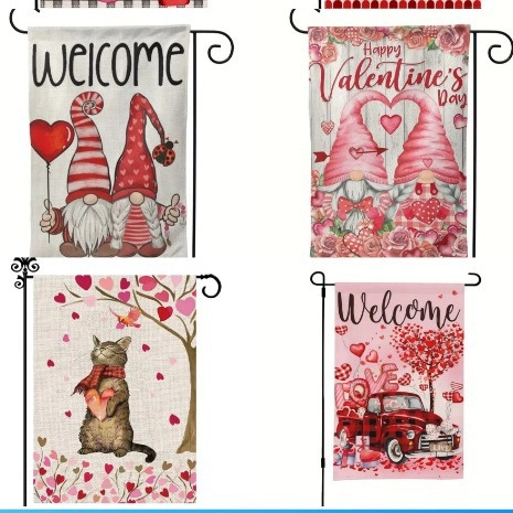 Valentine's Day Garden Flag Linen Gnome Heart Truck Cat Dog Pattern Outdoor Yard Decoration Double Sided Festive House Banner