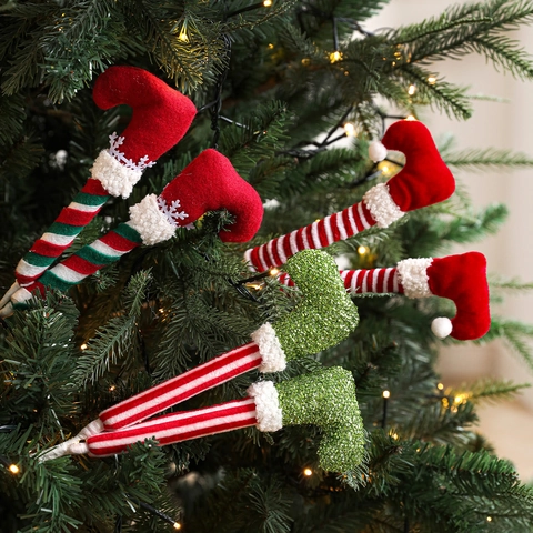 Plush Christmas Elf Legs Picks Striped Elf Hat Stakes With Bells Sequins For Xmas Tree Decoration Festive Home Party Ornaments