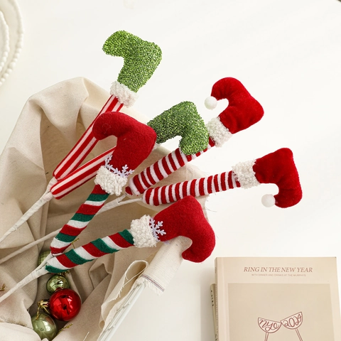 Plush Christmas Elf Legs Picks Striped Elf Hat Stakes With Bells Sequins For Xmas Tree Decoration Festive Home Party Ornaments