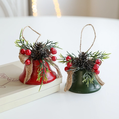 Christmas Hanging Iron Bell Ornaments With Pine Cones Red Berries Burlap Bow For Christmas Tree Door Wall Holiday Decoration