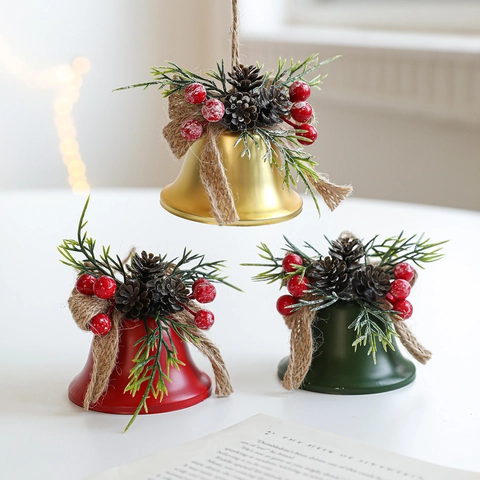 Christmas Hanging Iron Bell Ornaments With Pine Cones Red Berries Burlap Bow For Christmas Tree Door Wall Holiday Decoration