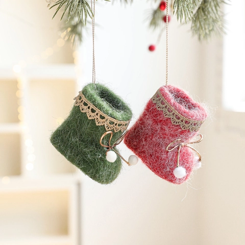 Ornamenti Appesi Albero Di Natale Stivali Muffole Feltro Peluche Decorazione Con Pizzo Dorato E Pompon Bianchi