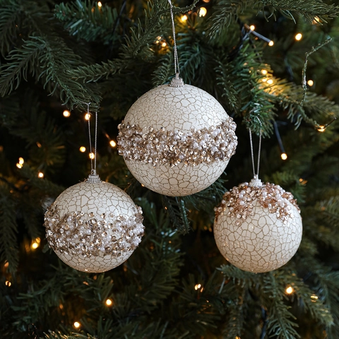 Adorno de Navidad para Colgar Bola de Espuma Con Textura Craquelada Perla de Imitación Y Decoración de Lentejuelas Oro Champaña Para Árbol de Navidad Fiesta Casa