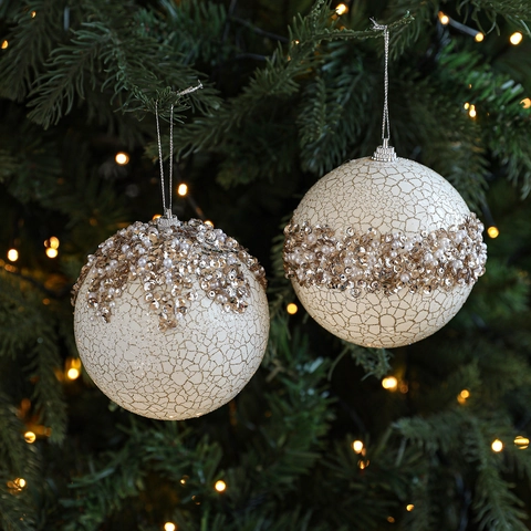Vintage Weihnachtsanhänger Ball Schaumstoff Ornament Mit Crackle-Textur Kunstperle Und Champagner Gold Pailletten Dekoration Für Weihnachtsbaum Haus Party Deko