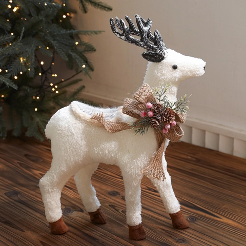 Witte Pluche Kerst Rendier Figuur Decoratie Schuim Noordse Stijl Rendier Ornament Met Jute Strik En Dennenappel Voor Thuis Tafelblad