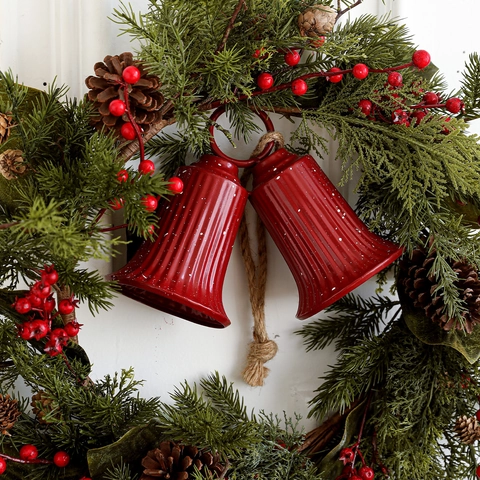 Decorazione a Sospensione con Doppia Campana di Natale Ornamenti in Metallo Vintage Pois Bianchi Corda di Canapa