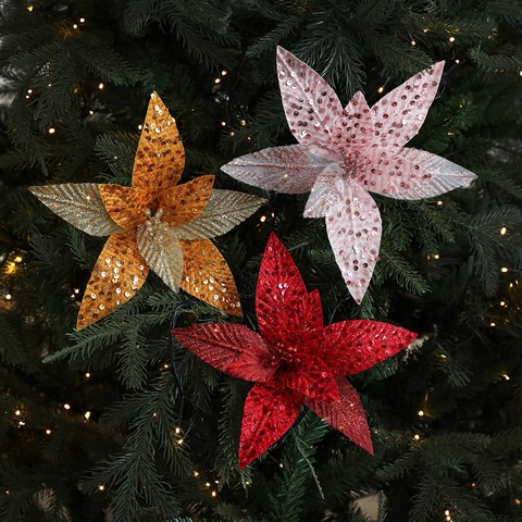 Artificial Poinsettia Flowers Fabric Glitter Sequins Shimmering Decor For Christmas Tree Garland Wreath Ornament