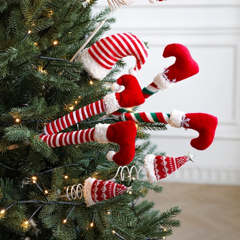 Kerstboom Decoratie Picks Met Pluche Elfenpoten Gebreide Kerstmutsen Fluwelen Snoep Spiraalvormige Stelen Party Versiering
