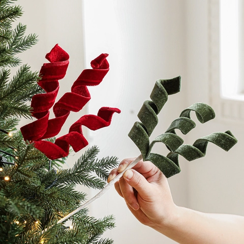 Christmas Tree Velvet Spiral Picks Flexible Wire Curled Branch For Holiday Home Party Vase Filler Festive Decoration