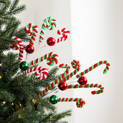 Christmas Tree Picks Candy Cane Decorations Red White Green Plush Foam Spirals With Metallic Balls For Festival Home Party Decor
