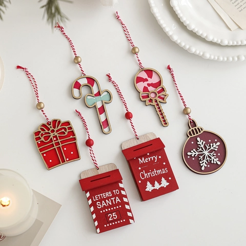Red White Wooden Christmas Tree Ornaments Present Lollipop Candy Cane Santa Mailbox Pendants Holiday Xmas Party Home Decor