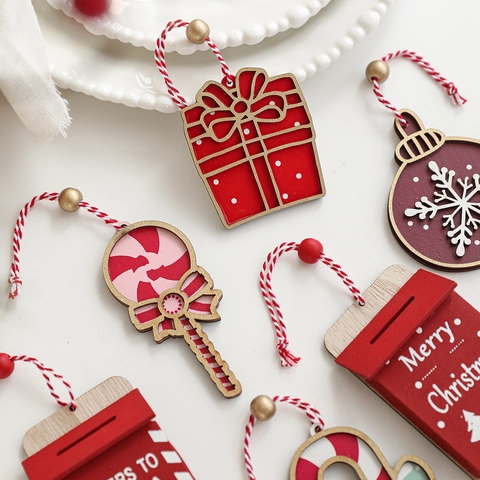 Red White Wooden Christmas Tree Ornaments Present Lollipop Candy Cane Santa Mailbox Pendants Holiday Xmas Party Home Decor