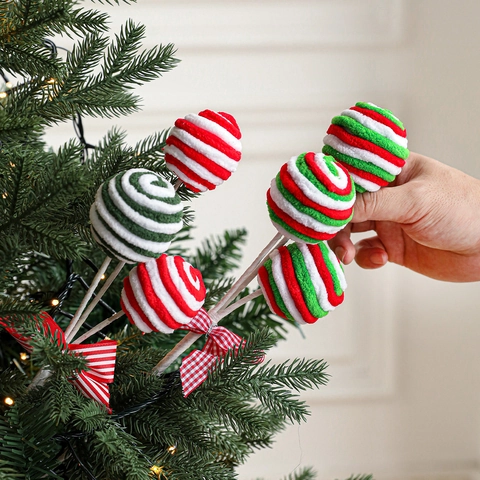 Kerstboom Lollipop Picks Spiraal Bal Ornamenten Rood Wit Groen Schuim Decoratie Met Raster Strik Feestelijk Arrangement