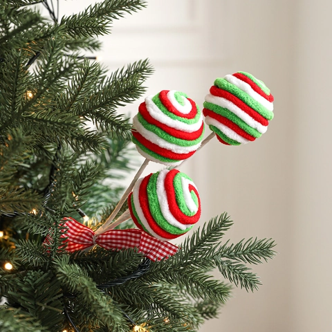 Kerstboom Lollipop Picks Spiraal Bal Ornamenten Rood Wit Groen Schuim Decoratie Met Raster Strik Feestelijk Arrangement