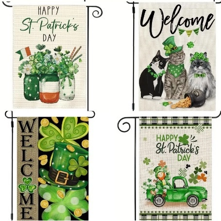 St Patricks Day Garden Flag Linen Outdoor Decorative Banner With Metal Stand Shamrock Gnome Truck Design Double Sided Welcome Yard Sign