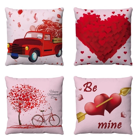 Valentine's Day Short Plush Pillowcase Heart Pattern Vintage Truck Decorative Cushion Cover For Sofa Living Room Square