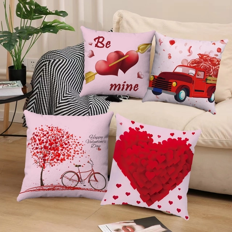 Valentine's Day Short Plush Pillowcase Heart Pattern Vintage Truck Decorative Cushion Cover For Sofa Living Room Square