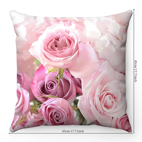 Valentine's Day Decorative Pillow Cover Short Plush Pink Rose Peony Paris Pattern Square Cushion Case For Sofa Home Living Room