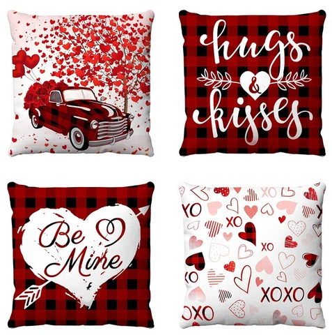Federe Cuscini San Valentino Peluche Corto Morbido Cuore Buffalo Plaid Camion Retro Decorazione Divano Romantico