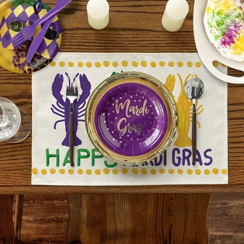 Mardi Gras Placemats Linen Heat Resistant Non-Slip Lobster Fleur De Lis Pattern Festival Dining Table Decor