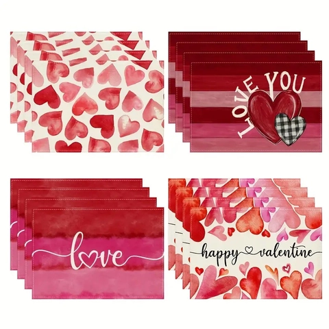 Valentine Day Placemats Linen Fabric Heart Pattern Heat Resistant Non Slip Dining Table Mat Romantic Holiday Home Decor