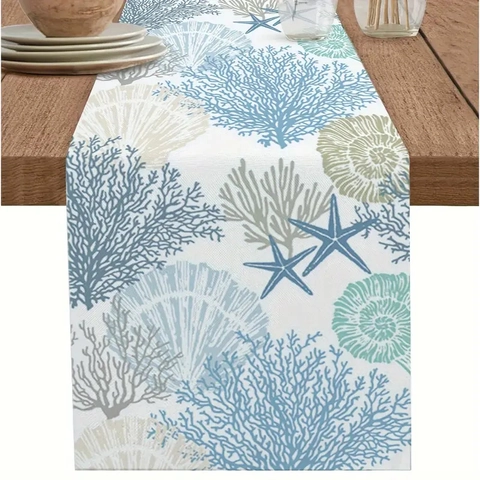 Runner da Tavolo Moderno in Lino Corallo Oceanico Blu Stelle Marine Conchiglia Decorazione Per Cucina Sala Da Pranzo Festa